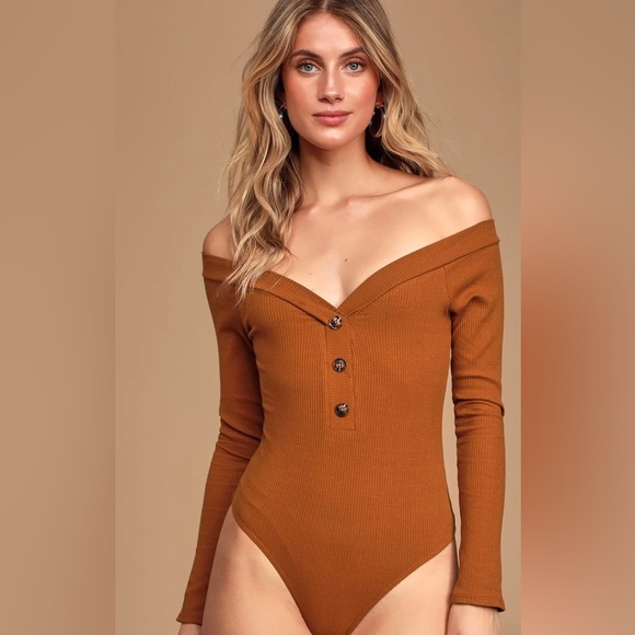Lulus Tops - LULU’S RUST BROWN RIBBED LONG SLEEVE OFF-THE-SHOULDER BODYSUIT